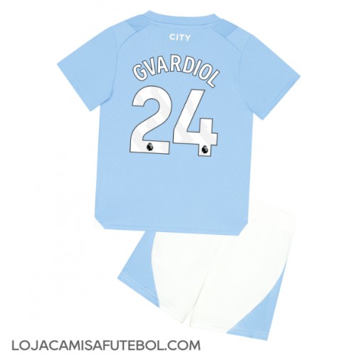 Camisa de Futebol Manchester City Josko Gvardiol #24 Equipamento Principal Infantil 2023-24 Manga Curta (+ Calças curtas)